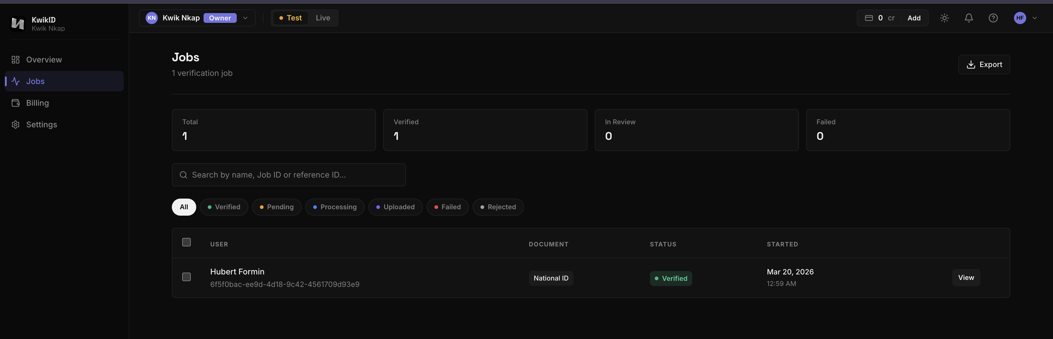 KwikID — Dashboard · Verification jobs